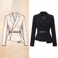 Setelan Kantor Wanita Biru Dongker Kerah Tegak Jaket Peplum Tiga Kancing Lengan Panjang Celana Panjang Set Resepsionis Hotel Custom MTM