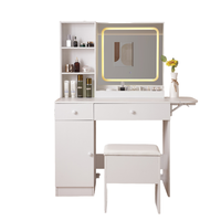 Ensemble table de maquillage moderne en MDF rose coiffeuse à 13 tiroirs miroir sur pied éclairé par LED pour la chambre à coucher et le salon