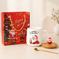 Mug en céramique de Noël mignon avec poupée 3D, couvercle en bois, cuillère dorée, coffret cadeau, vaisselle en céramique pour les fêtes, tasse à thé