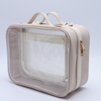 Valise de toilette en cuir rose personnalisée avec double fermeture éclair et poche en PVC, grandes trousses de toilette transparentes pour les voyages