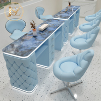 Ensemble de table et chaise de manucure de luxe avec plateau en marbre capitonné à bulles, éclairage LED et tiroirs pour salon de beauté
