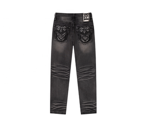 IN Stock Black Men’s Sanding Heavy Stitch Straight Leg Washed <b>Embroidered</b> Denim <b>Jeans</b> Mid Waist fashion <b>jeans</b> for men - Product Image 2
