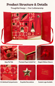 Caja de Regalo de Adviento Roja Plegable con 24 Compartimentos, Impresión en Dorado y Cinta de Satén, Reutilizable para Calendario de Adviento Navideño - Product Image 2