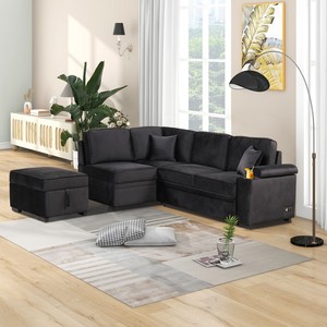 Modern Three Seat Fabric <b>Sofa</b> Bed Pull-Out Function 2-in-1 L-Shape Couch Storage Ottoman Living Room Bedroom Hotel <b>Small</b> Set - Product Image 1