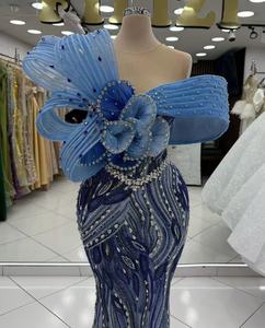 Vestidos de Noite Elegantes Personalizados em Azul com Contas, Vestidos de Prom com Cristais Florais Árabes para Mulheres, Vestidos para Convidadas de Casamento - Product Image 2