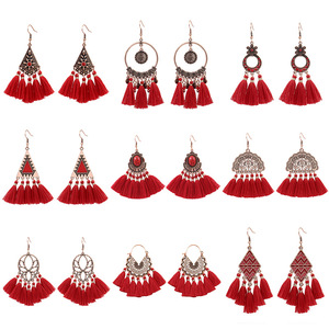 Red <b>Tassel</b> <b>Earrings</b> Chinese Style Bohemian Ethnic Fashion For Wedding New Year Adult Polyester Clip On - Product Image 5