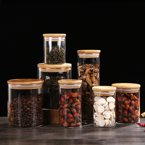 Borosilicate Glass Storage Jar Bamboo Lid Tube Shaped Glass Storage Jars Set Kitchen With Bamboo Lid