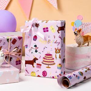 Papier d'emballage d'anniversaire pour chiens, rose, réversible, en feuille métallique, 17 pouces x 16,5 pieds, avec motifs de chiots mignons et ballons, pour emballage cadeau de fête - Product Image 2
