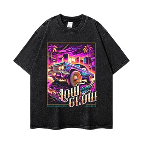 T-shirt unisexe ample en coton délavé style européen et américain, à manches courtes, respirant, imprimé voiture vintage, pour couple, vente en gros - Product Image 6