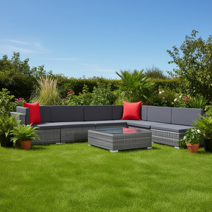 Set Divano da Giardino in Rattan Grigio Scuro con Cuscini Rossi, Mobili da Esterno Impermeabili in Stile Contemporaneo - Product Image 2