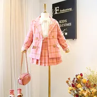 上品なスクールスタイル2021春秋キッズファッショナブルな服ツーピースピンク色チェック柄プリーツスカートセット女の子用