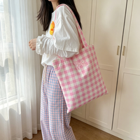 Tas Tote Kanvas Kotak-kotak Ramah Lingkungan dengan Logo Kustom, Kapasitas Besar, Dapat Didaur Ulang, Tas Belanja Selempang dengan Saku untuk Penggunaan Sehari-hari saat Bepergian
