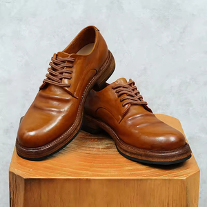 Chaussures Derby montantes pour hommes, style business décontracté, fabriquées à la main Goodyear, en cuir véritable à bout large, avec semelle épaisse et finition lavée - Product Image 2