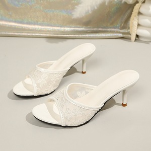 Women Lace Stiletto <b>Heel</b> Mules Peep Toe Slip On Sandals Elegant Mesh Floral Slippers For Daily Party Wear - Product Image 4