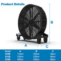 1M 1,25M 1,5M 4-Rad Leistungsstarker Hochleistungs-Axial-Bodenventilator mit Kugellager und Touch-Steuerung, großer mobiler Ventilator