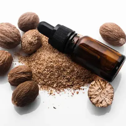 Nutmeg essential oil is used as a flavoring as well as in aromatherapy for its fresh, sweet aroma and flavor.