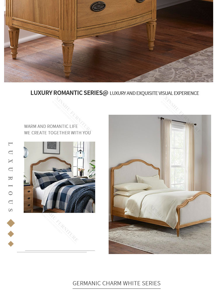 high quality american solid wood frame cotton linen double bed vintage bedroom large solid wood bed