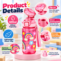Bouteille d'eau pour enfants de 600 ml avec couvercle rabattable, anti-fuite, bouteille d'eau scolaire, design de dessin animé, fournisseur en gros OEM ODM