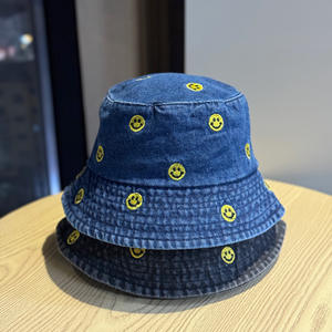 Chapeau Bob en Jean Décontracté Landfond pour Femme, Nouveau Style Coréen Tendance avec Broderie Visage, Polyvalent à Petite Bordure - Product Image 1