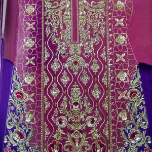 Rosa oscuro indio/pakistaní adornado Dabka Zari trabajo gasa A-Line estampado Floral vestido de novia encaje botón decoración cuello redondo largo - Product Image 6