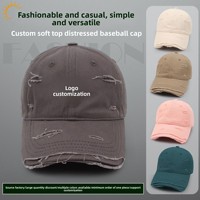 Gorra de Béisbol de 6 Paneles de Algodón con Agujeros Desgastados, Logotipo Personalizable, Corona Suave, Visera Curva, Diseño Bordado Moderno, Unisex