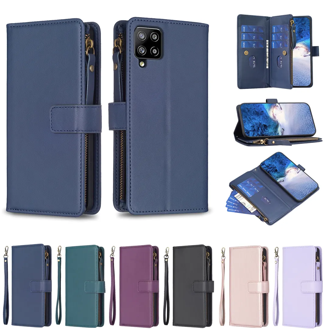 zipper pu leather flip wallet case for samsung A12 A22 A32 A42 A02 kickstand 9 cards slot case for pixel 8 pro redmi note 11 12