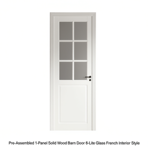 Porte de grange pré-assemblée en bois massif à 6 panneaux avec verre, style intérieur français - Product Image 1