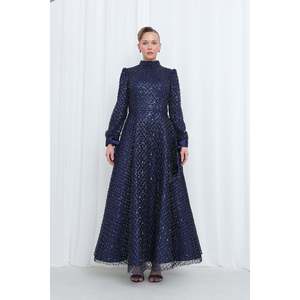 Robe de soirée Puane pour femme, bleu marine, en maille à sequins brodée, coupe trapèze, manches longues avec poignets en satin, robe de cérémonie pour mariages et bals de promo - Product Image 3