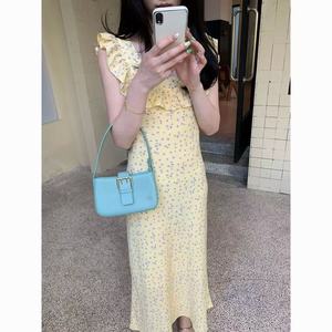 French Style Floral Print Dress Women Summer Ruffled Neckline Yellow Slim Fit Casual Beach Vacation Dress - Product Image 4