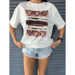 Camiseta Básica para Mujer con Estampado de Corazón Brillante, Manga Regular, 100% Algodón Jersey, Transpirable - Product Image 1