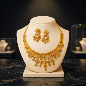 Ensemble de bijoux de mariage pour femme plaqué or 22 carats de haute qualité, motif floral classique, collier chaîne et boucles d'oreilles DNO138 - Product Image 2