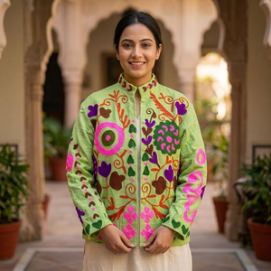 Traditional Light Green Suzani Jacket <b>for</b> <b>Women</b> Handmade TNT Fabric Colorful Floral Embroidered Ethnic Boho Fashion <b>Coat</b> - Product Image 1