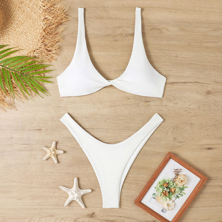 Simple Style Candy Color Thong Swimming Costume Two Piece Swim