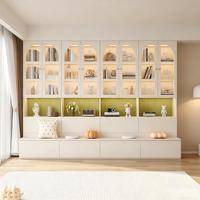 Mueble de Pared para Sala de Estar de Lujo, Estilo Cream, con Vitrina de Vidrio Estriado Arqueado, Almacenamiento Integrado y Banco