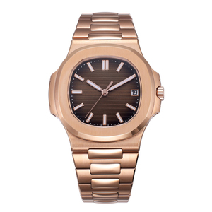 Reloj Mecánico de Lujo en Oro Rosa con Brazalete Metálico Integrado, Esfera con Rayas Horizontales, Elegante Reloj de Pulsera para Uso Diario y de Negocios - Product Image 1