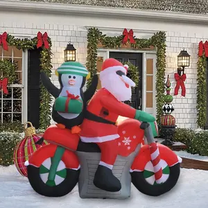 5ft Inflatable Christmas Yard Ornament Santa Claus Riding A Motorcycle With Penguins Holiday Decorations