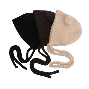 英冠新款设计保暖时尚亚克力针织可爱耳朵女定制冬季懒散豆豆帽