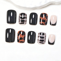 24 faux ongles à presser, forme squoval, motif œil de chat noir, rayures léopard, French manucure, avec lime à ongles en gelée, vente en gros