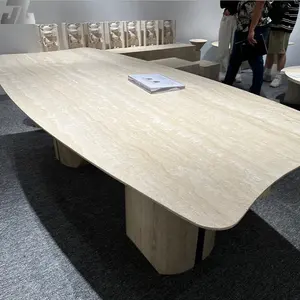 Mesa de centro de mármol Beige, muebles de sala de estar, mesa de centro de travertino de café con tapa de mármol, Banco hecho a mano en travertino