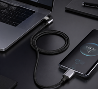 Kabel USB C Heavy Duty 90 Derajat, Pengisian Cepat, Kabel Charger Tipe C Sudut Kanan, Hitam, Nilon Terjalin, Anti Kusut, Kabel Sinkronisasi