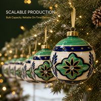 Boule de Noël en verre peinte à la main de style marocain méditerranéen, vert émeraude et bleu royal, ornement floral avec accent en strass