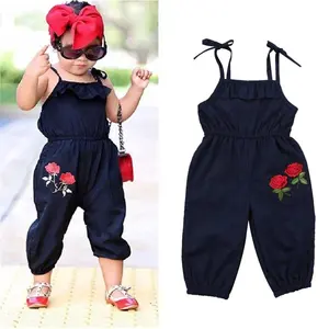 Wholesale suspender overalls rose flower embroidery linen baby knitted romper jumpsuit