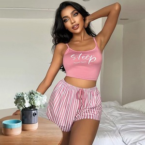 Setelan piyama Suspender wanita, celana pendek termal dengan garis huruf yang bisa dipakai di luar ruangan - Product Image 3