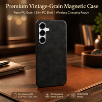 Coque en PU grainé rétro vintage pour la série Galaxy S25 avec chargement magnétique sans fil – En stock dès aujourd'hui