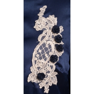 <b>Women's</b> <b>Navy</b> Blue Satin Blouse With Embroidery Lace Detail Full Sleeve Crew Neck Elegant Loose Fit <b>Top</b> - Product Image 6