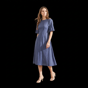 Vestido midi de lino/algodón con pliegues en A para mujer |   Vestido Formal a Cuadros con Cuello Redondo, Manga 3/4, Cintura Natural, Ecológico, para Verano - Product Image 1