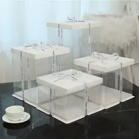 Transparent Plastic Cake Box with Ribbon, Square, Pet, Tall