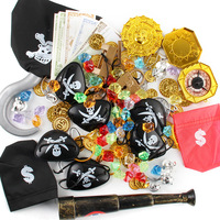 Coffret de trésors de pirate en or, argent et bronze, avec pièces de monnaie et pierres précieuses en plastique, pour enfants, idéal pour les fêtes d'anniversaire, d'Halloween et de Noël