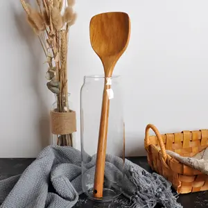 Экологичная деревянная лопатка с длинной ручкой из натурального дерева, кухонная утварь для смешивания дерева, столовая посуда, ВОК, лопатки
