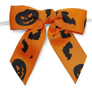 OKAY Customized 3" Halloween Orange Pre-Tie Grosgrain Bows with Twist Ties